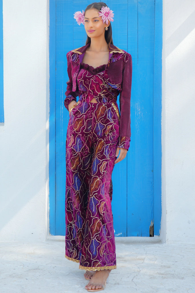 Model wearing Jashn Jumpsuit with Shrug in deep velvet, styled with embroidered detailing and sheer organza shrug.