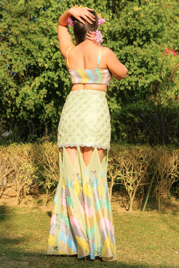 Back view of Morni Three Piece Set showing Bandhani bralette top and embroidered silk skirt with colorful panels.