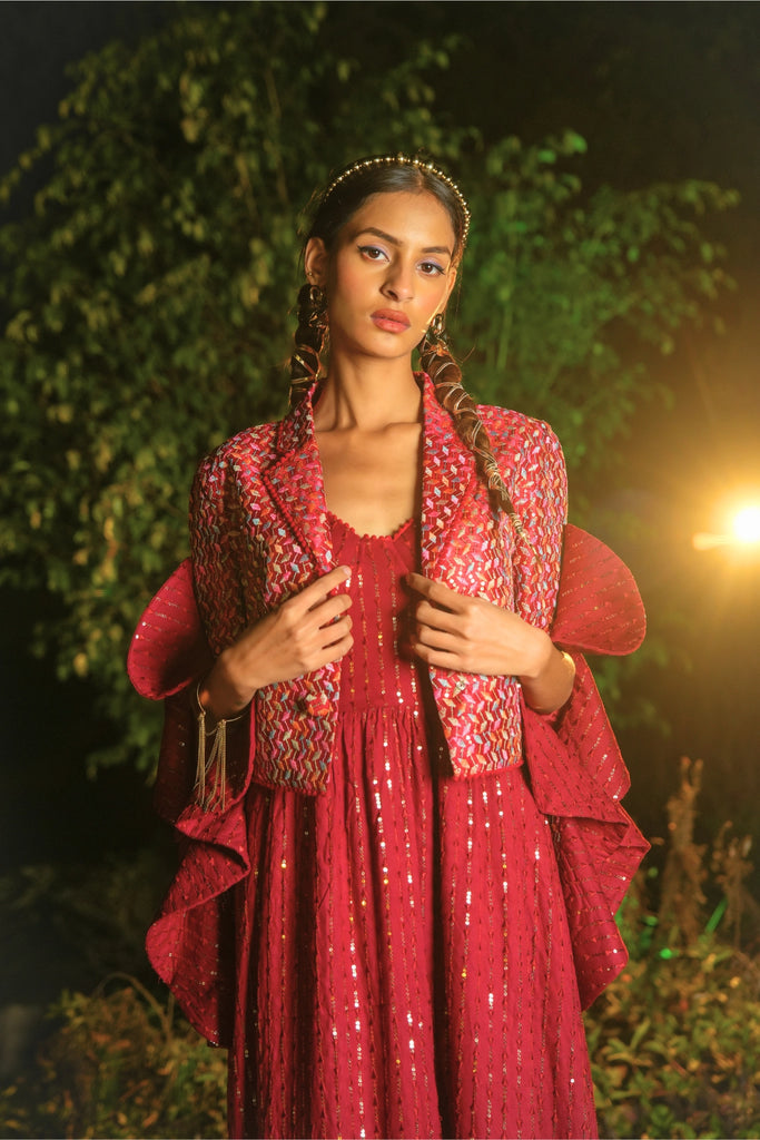 Front view of Famameha Pakhi Blazer Set with embroidered silk blazer and maroon corset maxi dress.