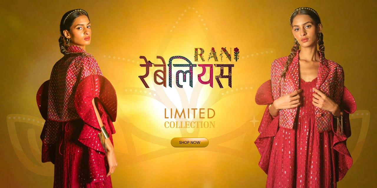 Luxury fashion banner for Famameha’s Rebellious Rani Collection, featuring a model in a red embroidered outfit on a golden backdrop with “Limited Collection” text.