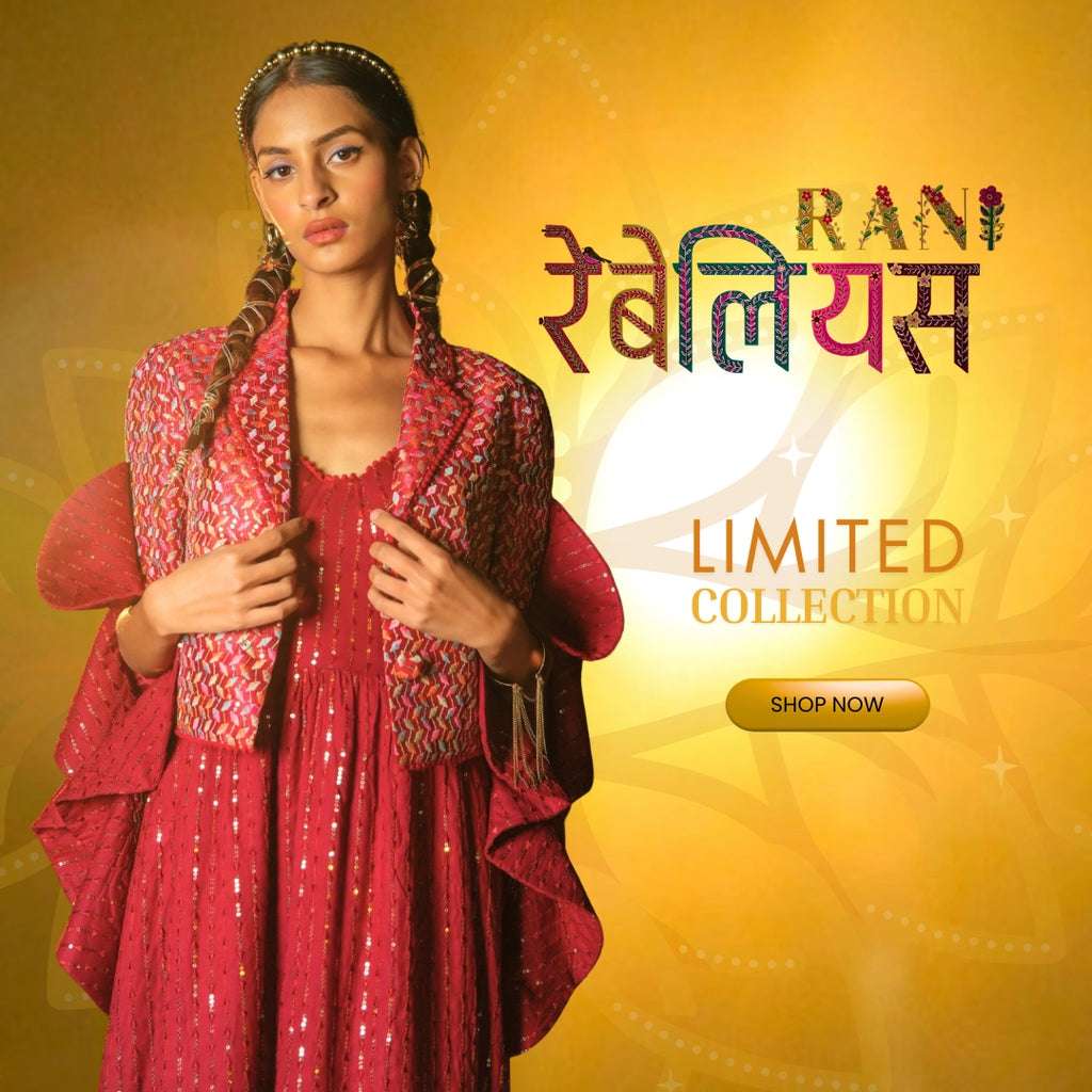 Mobile banner for Famameha’s Rebellious Rani Collection, showcasing a bold red ensemble against a golden background with “Limited Collection” highlighted.