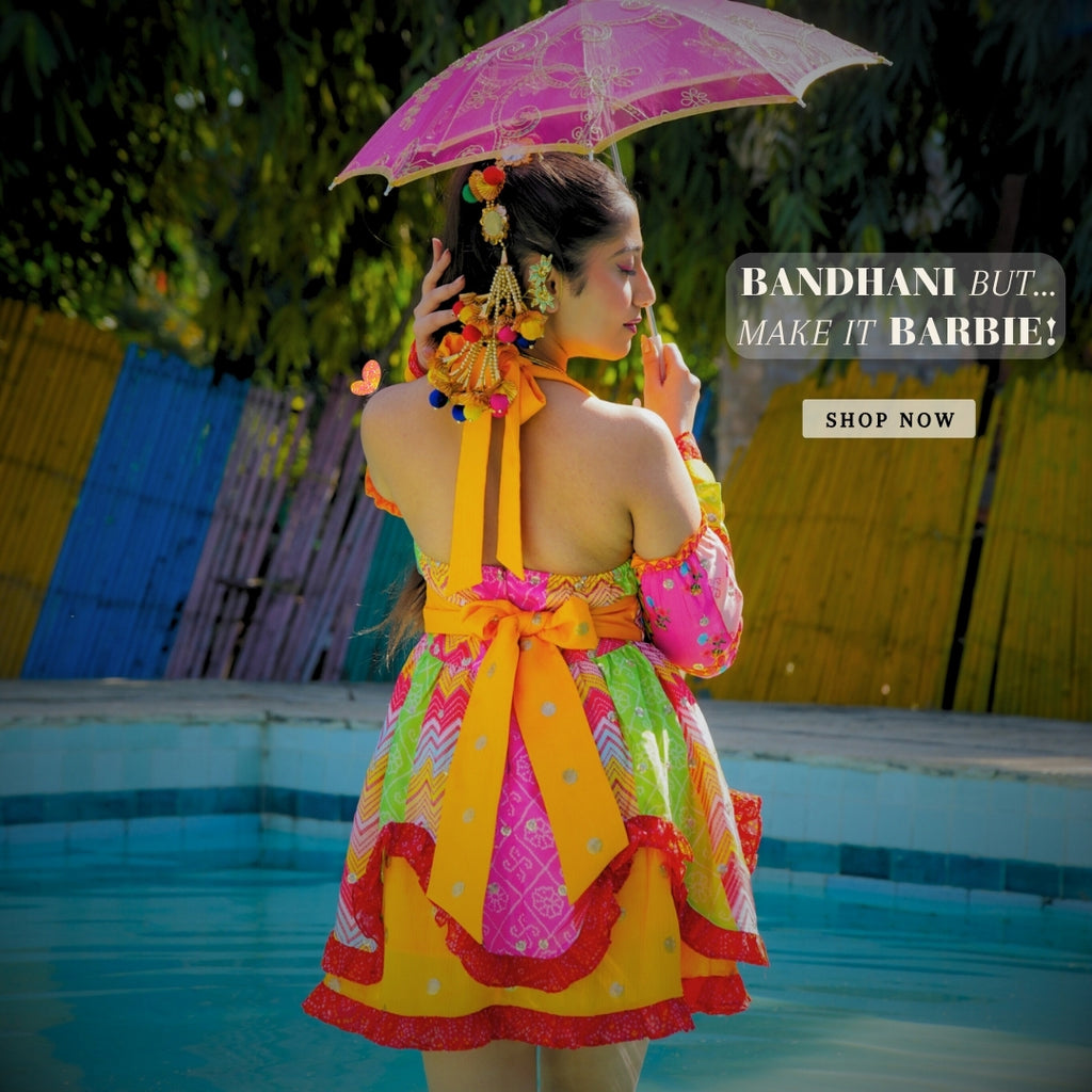 Promotional mobile banner for the Bandhani boho collection, showcasing a high-low pastel dress by Famameha with a playful Barbie touch