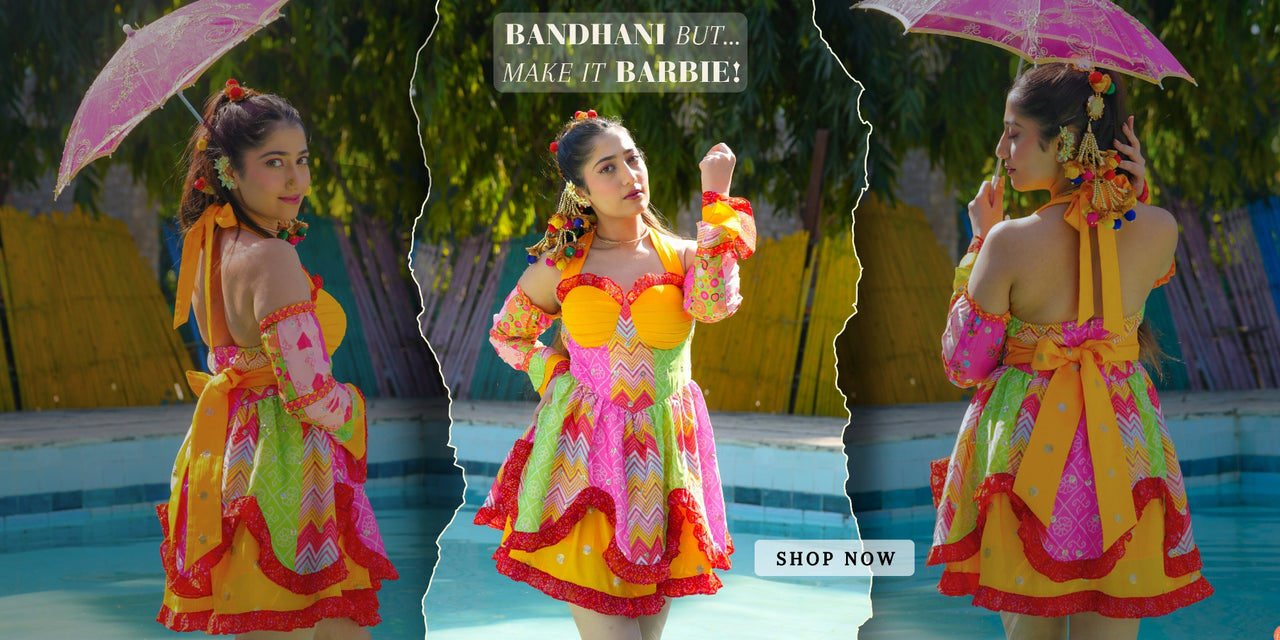 Promotional banner for the Bandhani boho collection, featuring a pastel high-low dress by Famameha with playful Barbie twist