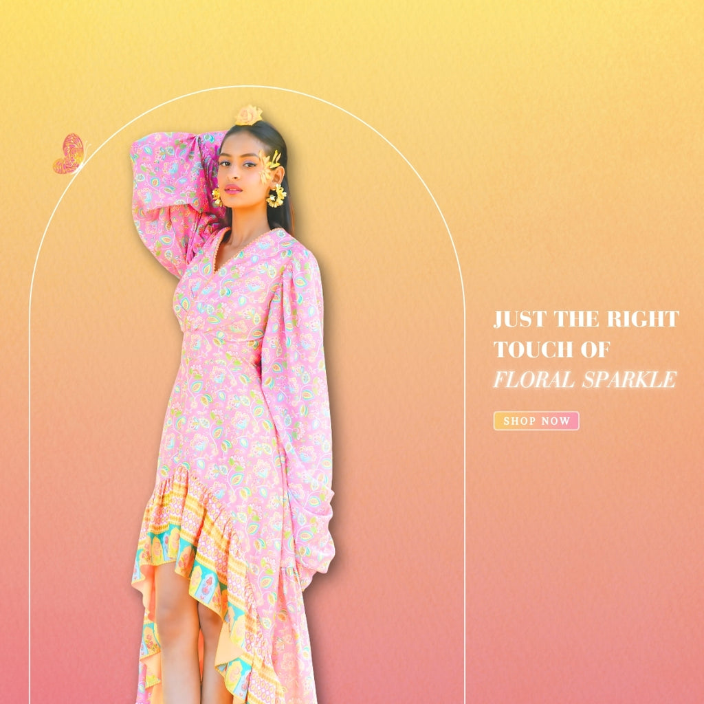 Promotional mobile banner for the Mastani boho festive collection, featuring a high-low pastel dress by Famameha