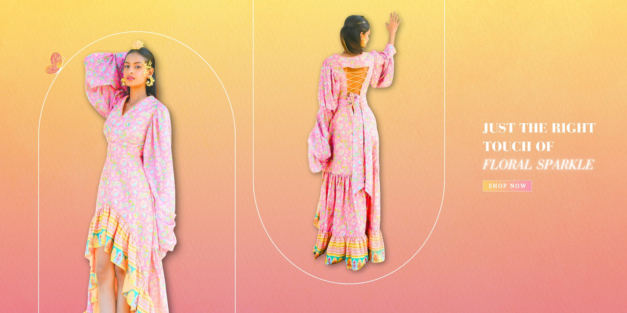 Promotional banner for the Mastani boho festive collection, featuring a high-low pastel dress by Famameha